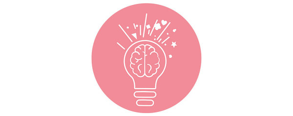 Icon für kreative Ideen: Glühlampe in der ein Gehirn abgebildet ist und aus dem die ideen in Form von Symbolen sprudeln